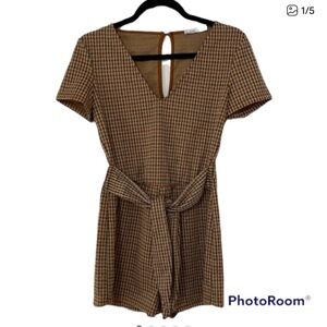 Zara Houndstooth Tie-Waist Romper in Black & Brown